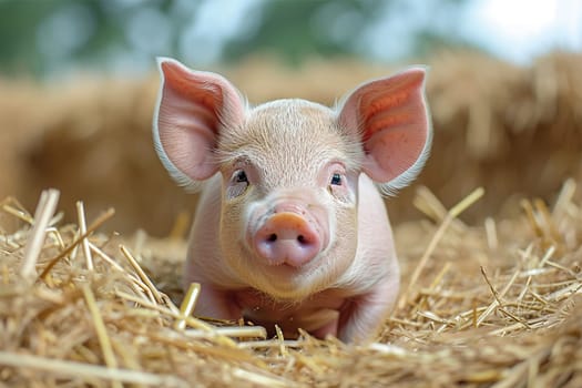 An adorable piglet lies comfortably on a straw bed, gazing curiously with innocent eyes.