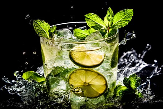 A refreshing mojito cocktail with splashing water, lime, and mint, against a dark background.