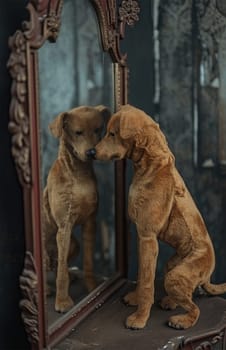 old toy - A brown dog looks at its reflection in an ornate antique mirror