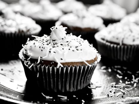 Cupcakes with white frosting and sprinkles, presented on a dark tray with dramatic lighting.