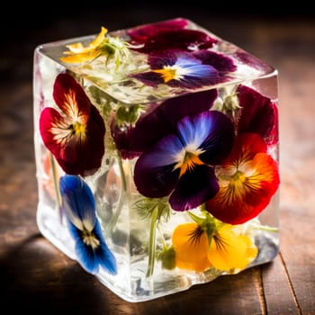 Edible Flowers in Ice Cube. Aesthetic ice cube encasing colorful edible flowers for culinary use.