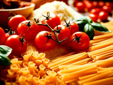 A vibrant array of Italian cooking staples, including tomatoes, pasta, and basil.