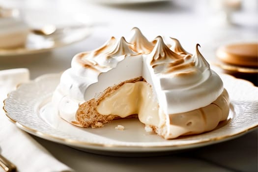 Lemon Meringue Delight.A lemon meringue pie with a perfectly toasted top, served on an elegant white plate.