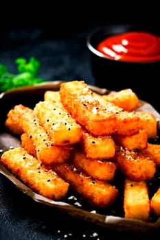 A rustic serving of crispy golden potato sticks with gravy, tempting and mouthwatering.