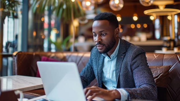 Candid portrait of an african american man working on a laptop in a stylish modern cafe lobby