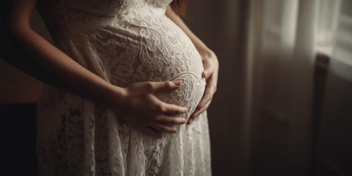 A pregnant woman cradles her belly in a lace dress, capturing the beauty and anticipation of motherhood.Maternal Embrace.