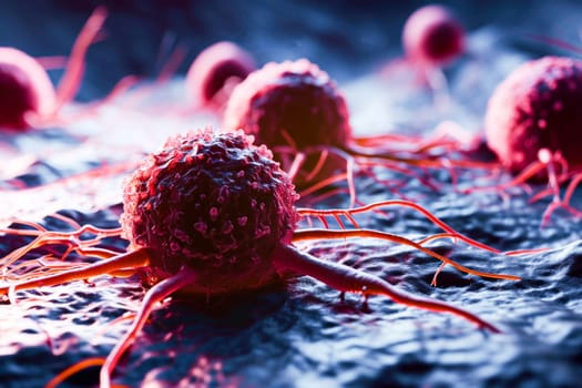 High resolution microimage showing intricate details of cancer cells with fiery appendages.