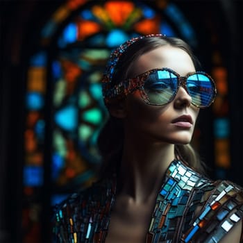 The model wears sunglasses with reflective mosaic tiles set against a stained glass backdrop for a high-fashion feel. Fashion through reflective shades.