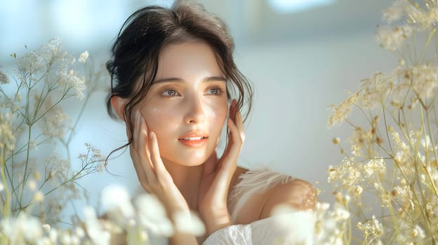 Illustration of a close-up photo of a beautiful young woman's face with good skin posing as a model selling skin care cosmetics. Can be used as an idea for models to pose for advertising shoots.