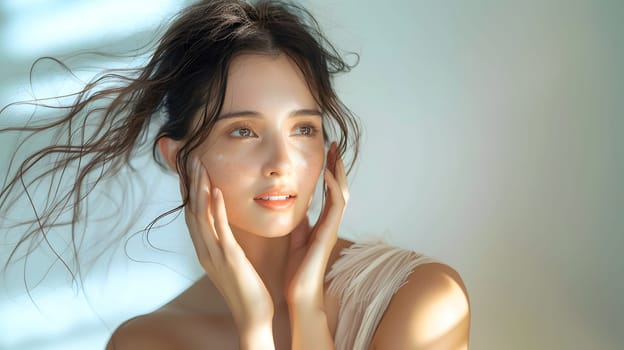 Illustration of a close-up photo of a beautiful young woman's face with good skin posing as a model selling skin care cosmetics. Can be used as an idea for models to pose for advertising shoots.