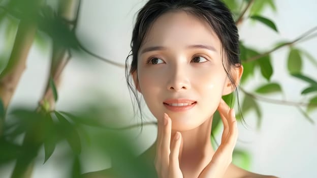 Illustration of a close-up photo of a beautiful young woman's face with good skin posing as a model selling skin care cosmetics. Can be used as an idea for models to pose for advertising shoots.