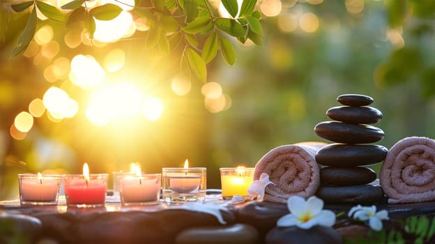 Spa concept, massage stones with towels and candles on a natural background.The serenity of the spa with candles, towels and stones is highlighted by the warm light of the setting sun.