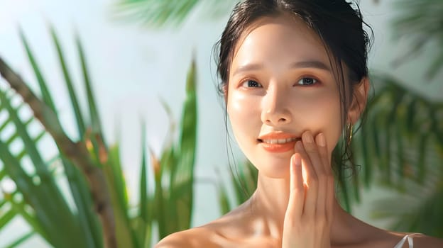 Illustration of a close-up photo of a beautiful young woman's face with good skin posing as a model selling skin care cosmetics. Can be used as an idea for models to pose for advertising shoots.