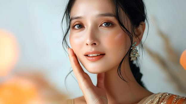Illustration of a close-up photo of a beautiful young woman's face with good skin posing as a model selling skin care cosmetics. Can be used as an idea for models to pose for advertising shoots.
