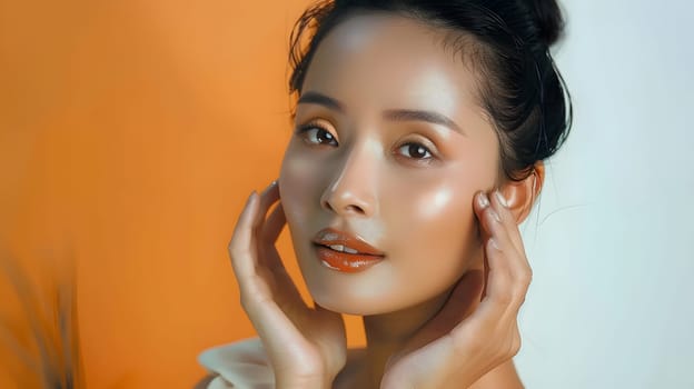 Illustration of a close-up photo of a beautiful young woman's face with good skin posing as a model selling skin care cosmetics. Can be used as an idea for models to pose for advertising shoots.
