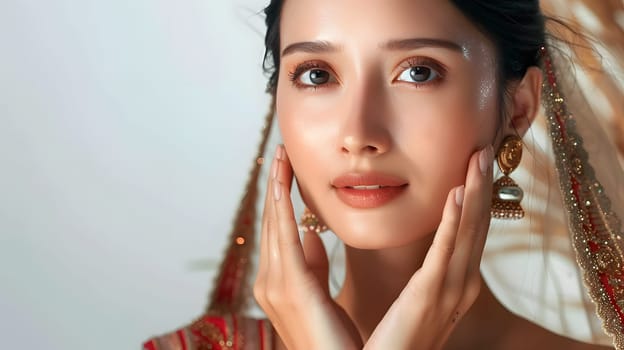 Illustration of a close-up photo of a beautiful young woman's face with good skin posing as a model selling skin care cosmetics. Can be used as an idea for models to pose for advertising shoots.