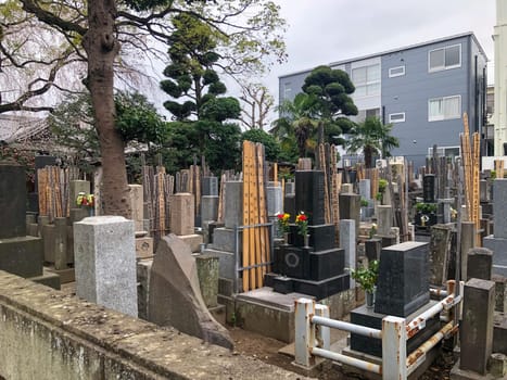Tokyo, Japan - March 17, 2023: old typical japanese cemetery with japanese shrines in Tokyo.