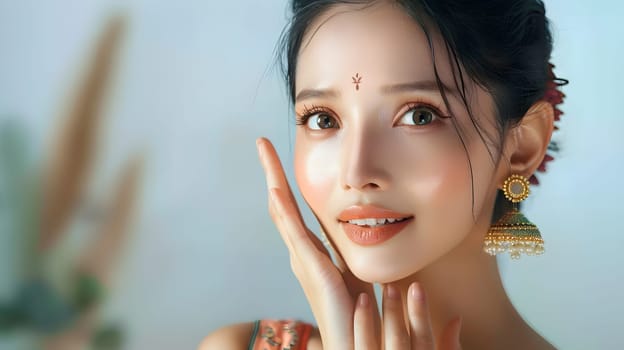 Illustration of a close-up photo of a beautiful young woman's face with good skin posing as a model selling skin care cosmetics. Can be used as an idea for models to pose for advertising shoots.
