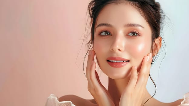 Illustration of a close-up photo of a beautiful young woman's face with good skin posing as a model selling skin care cosmetics. Can be used as an idea for models to pose for advertising shoots.
