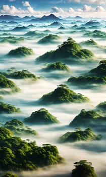 Floating Isles. Above a sea of clouds, islands drift like dreamscapes. Each is a miniature world, lush forests, waterfalls, and floating gardens. The sky holds its breath, and rainbows weave through the mist.