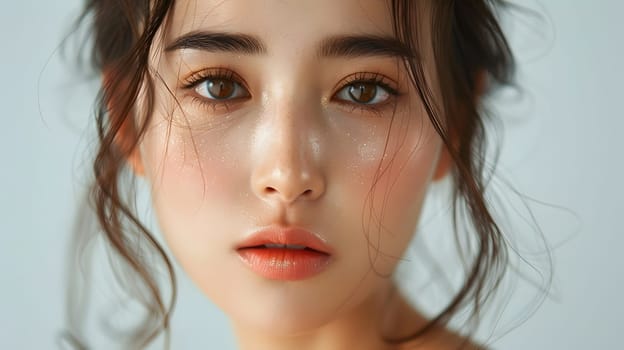 Illustration of a close-up photo of a beautiful young woman's face with good skin posing as a model selling skin care cosmetics. Can be used as an idea for models to pose for advertising shoots.
