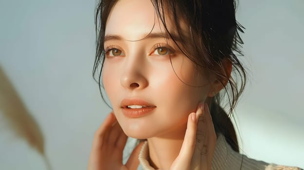 Illustration of a close-up photo of a beautiful young woman's face with good skin posing as a model selling skin care cosmetics. Can be used as an idea for models to pose for advertising shoots.