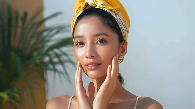 Illustration of a close-up photo of a beautiful young woman's face with good skin posing as a model selling skin care cosmetics. Can be used as an idea for models to pose for advertising shoots.