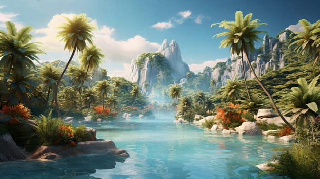 A tropical paradise unfolds with a picturesque river, majestic mountains, glowing sunset, swaying palm trees, and a cascading waterfall.