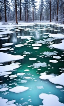 Frozen Fairy Pond. In the heart of a snow-covered forest, a pond lies frozen. Delicate frost patterns adorn its surface, and beneath the ice, mythical creatures slumber.The stillness and magic of winter.
