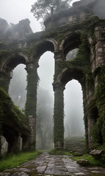 Mist-Clad Ruins. The remnants of an ancient castle, shrouded in mist. Ivy-clad walls crumble gracefully, and forgotten statues guard the entrance.