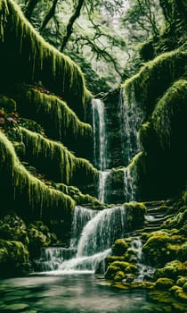 Enchanted Waterfall. A waterfall cascades down moss-covered rocks, revealing a secret grotto behind its veil. Crystal-clear water sparkles with hints of magic, and colorful flowers bloom along the banks.