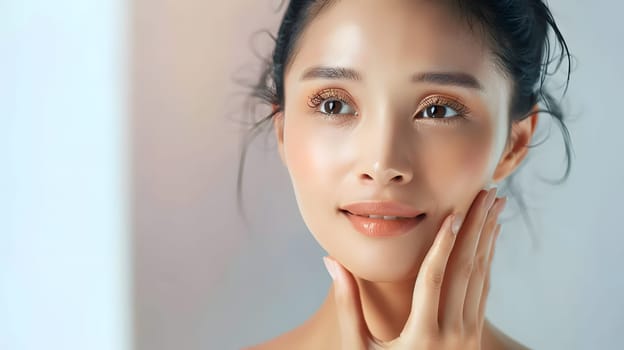 Illustration of a close-up photo of a beautiful young woman's face with good skin posing as a model selling skin care cosmetics. Can be used as an idea for models to pose for advertising shoots.
