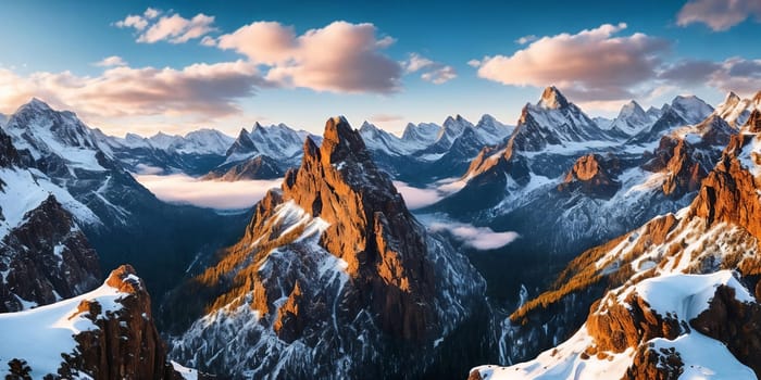 Snowy mountain peaks under a vast sky panorama. Generative AI.