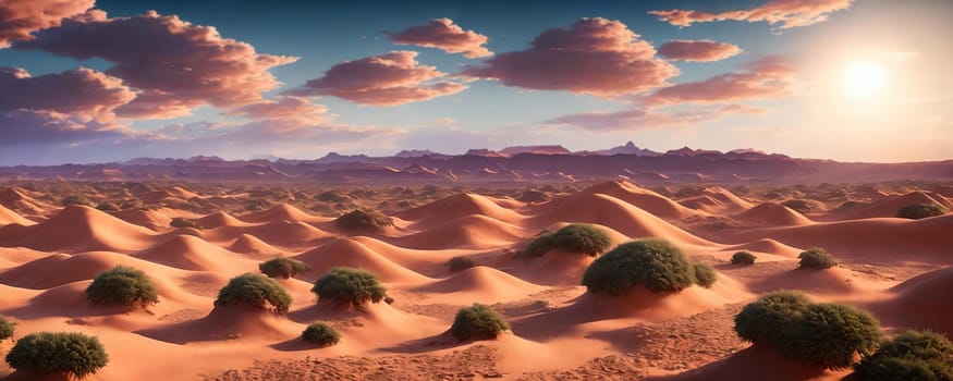 A vast desert expanse with rolling dunes under a cloudy, sunny sky. Generative AI