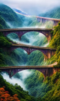 Rainbow Bridge. Arching across a misty gorge, a rainbow bridge connects two worlds. Its colors shift with the light, and travelers-human or magical, cross between realms. The bridge's ephemeral beauty.