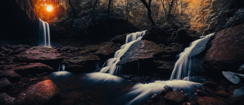 Fantasy landscape with waterfall at sunset, panorama.
