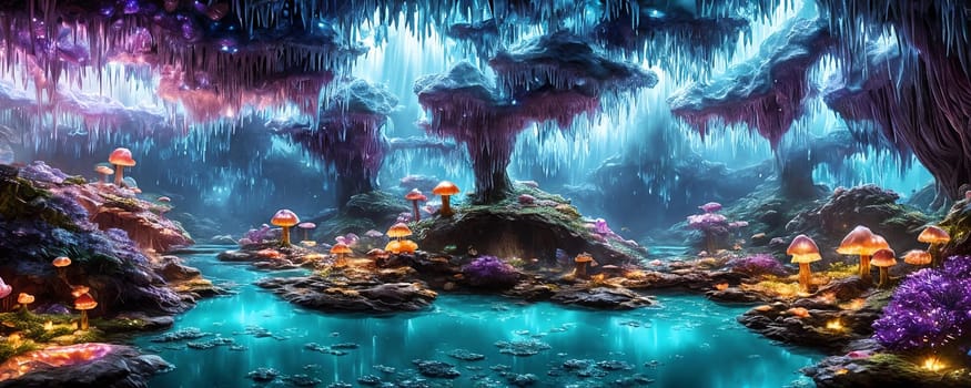 Crystal Cave, a subterranean world filled with shimmering crystal formations, glowing mushrooms, and irides. Generative AI