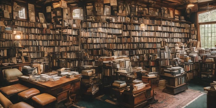 Magical library with a showcase towering shelves of ancient tomes, fluttering parchments, mystical artifacts. Generative AI.