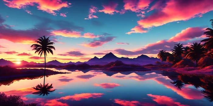 Sunset paints the sky in hues of pink and blue over a tranquil sea, palm trees lining the shore on Paradise fantasy planet.
