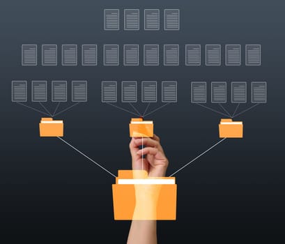 A female hand and virtual icons of folders and files, a concept of data organization and archiving, remote data management, paperless