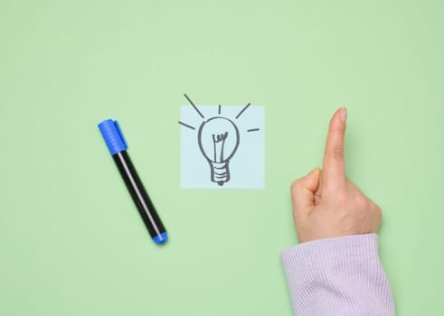 Drawn electric lamps on stickers, concept of searching for new ideas, brainstorming