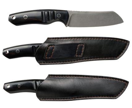 Sharp tactical knife with black handle on isolated background