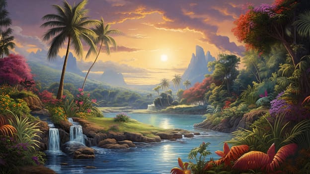 A tropical paradise unfolds with a picturesque river, majestic mountains, glowing sunset, swaying palm trees, and a cascading waterfall. AI Generative.