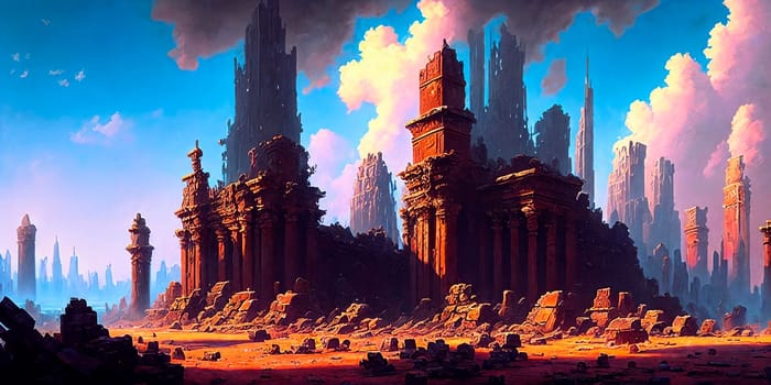 Digital painting of a ruins of a gigantic fantasy city destroyed by the greatest cataclysm of all time . AI Generative