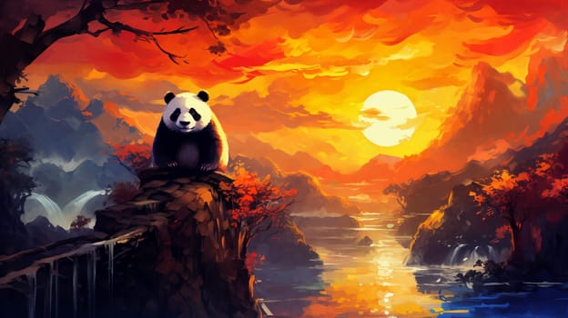 Amidst the tranquil beauty of a mountain river, a panda rests against the backdrop of a breathtaking sunset. Generative AI.
