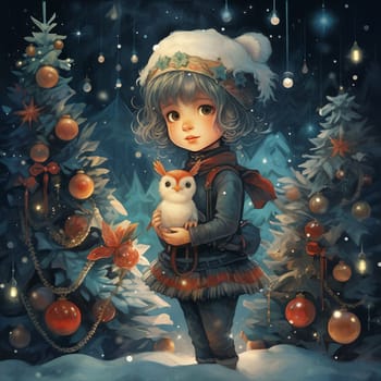 A whimsical cartoon boy and an owl embrace the winter outdoors, standing beside a festive Christmas tree. Generative AI.
