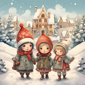 A delightful illustration captures the charm of winter as three girls stand in a snowy village. Christmas card. Generative AI.