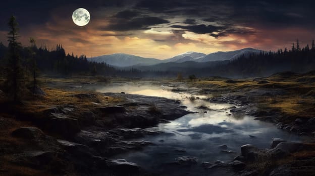 Under the moonlit night, a river winds through a fog-laden forest, creating a serene and mysterious landscape. Generative AI.