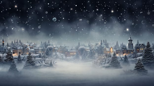 Snow-covered village glows under a starlit sky, as houses and trees sparkle with festive lights. AI Generative