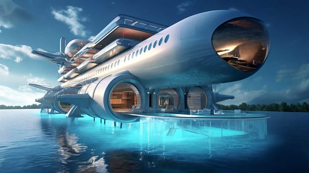 A colossal, nuclear-powered flying hotel offering an extraordinary experience amidst the clouds. Generative AI.